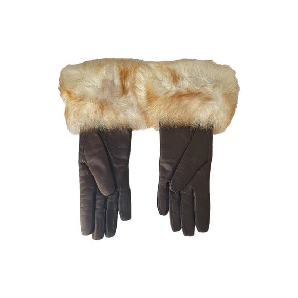 1970s Jordan Marsh Chocolate Brown Leather & Fox Fur Cuffs Women's Formal Gloves - Picture 5 of 8